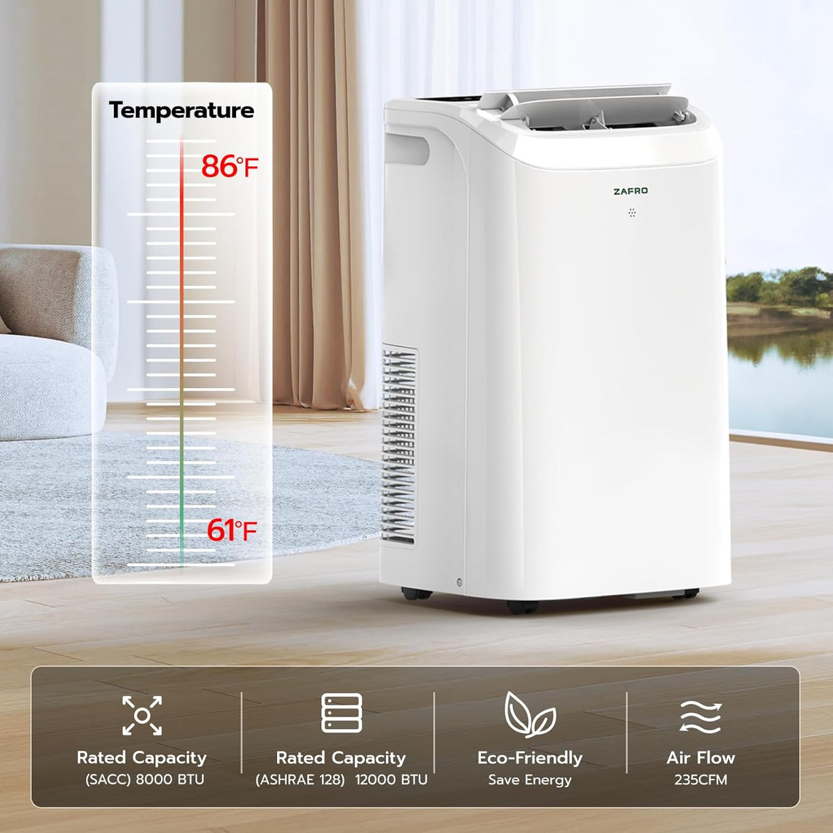 ZAFRO 12,000 BTU (8,000 BTU SACC) Smart Portable Air Conditioner Cools Up To 400 sq. ft.